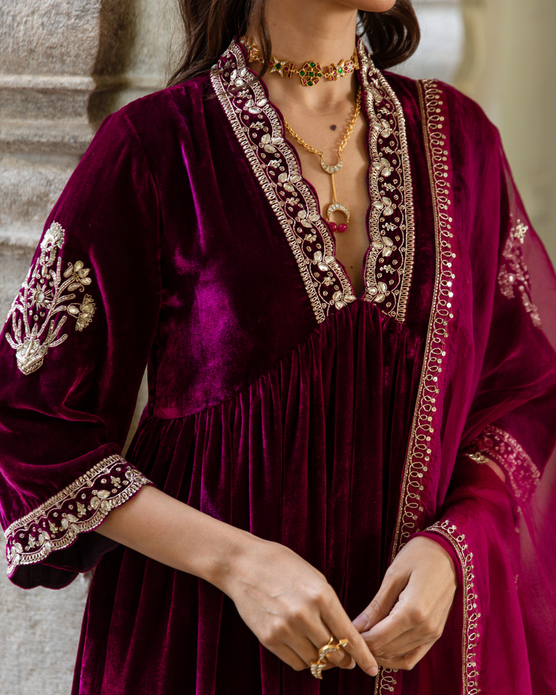 Khizaan - Velvet Embroidered Suit Set by Maison Shefali in purple color for women Worldwide