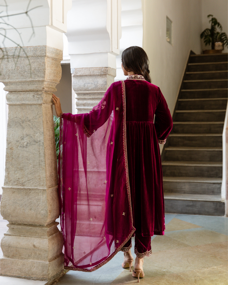 Khizaan - Velvet Embroidered Suit Set by Maison Shefali in purple color for women Worldwide