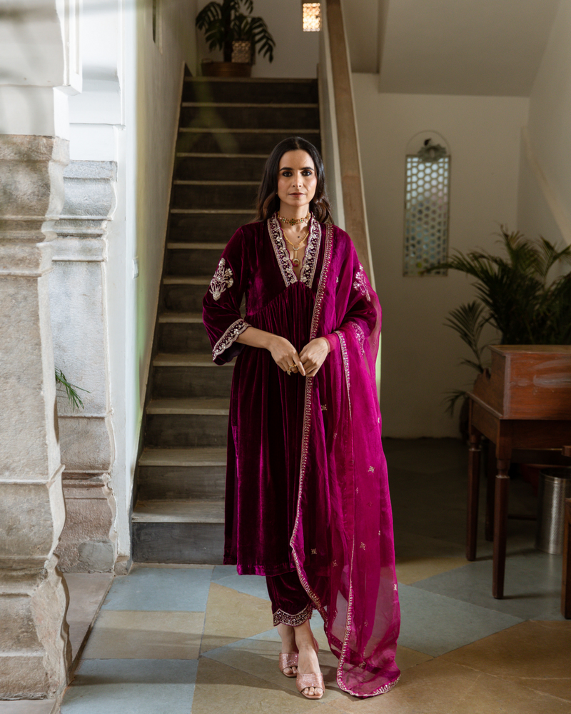 Khizaan - Velvet Embroidered Suit Set by Maison Shefali in purple color for women Worldwide
