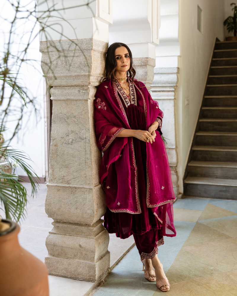 Khizaan - Velvet Embroidered Suit Set by Maison Shefali in purple color for women Worldwide