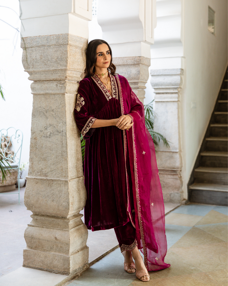Khizaan - Velvet Embroidered Suit Set by Maison Shefali in purple color for women Worldwide