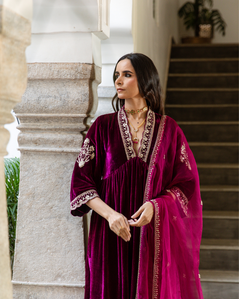 Khizaan - Velvet Embroidered Suit Set by Maison Shefali in purple color for women Worldwide