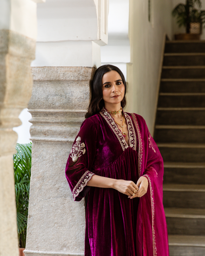 Khizaan - Velvet Embroidered Suit Set by Maison Shefali in purple color for women Worldwide
