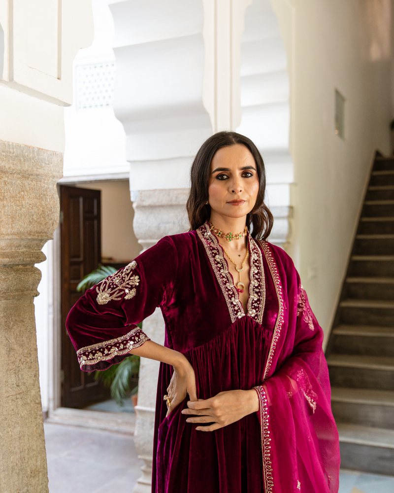 Khizaan - Velvet Embroidered Suit Set by Maison Shefali in purple color for women Worldwide