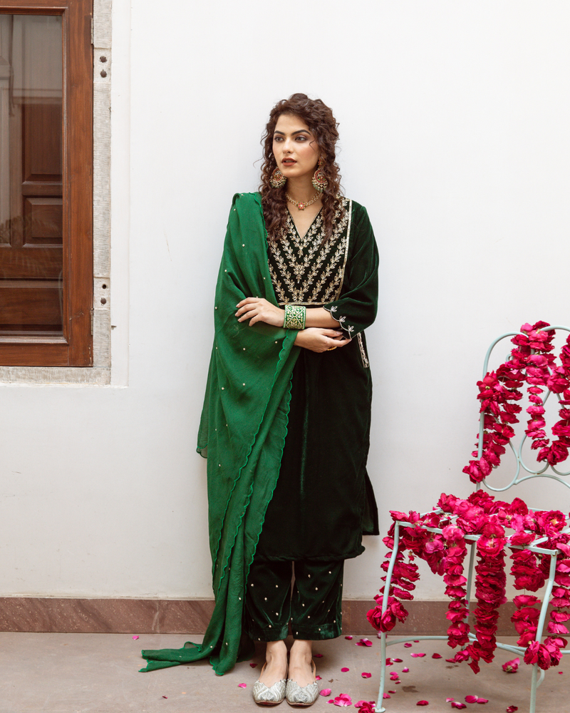 Roya Panna - Velvet Embroidered Suit Set by Maison Shefali in green color for women Worldwide