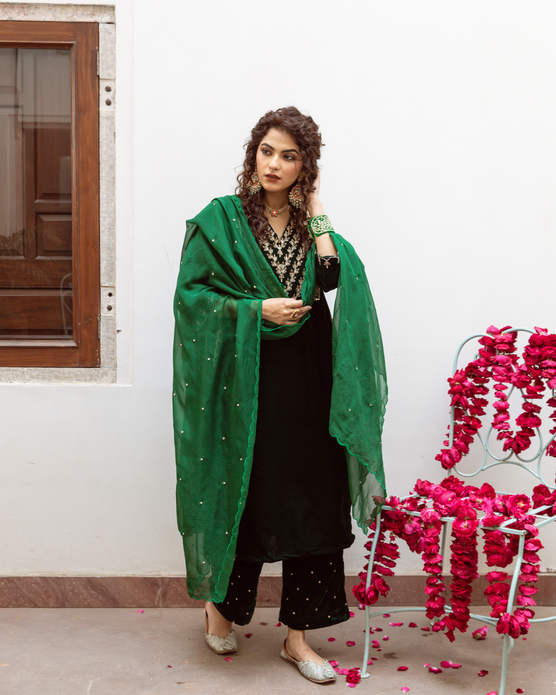 Roya Panna - Velvet Embroidered Suit Set by Maison Shefali in green color for women Worldwide