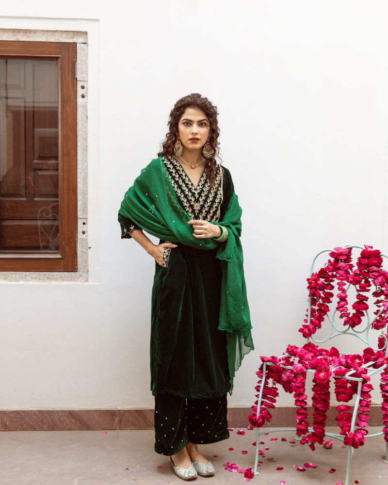 Roya Panna - Velvet Embroidered Suit Set by Maison Shefali in green color for women Worldwide