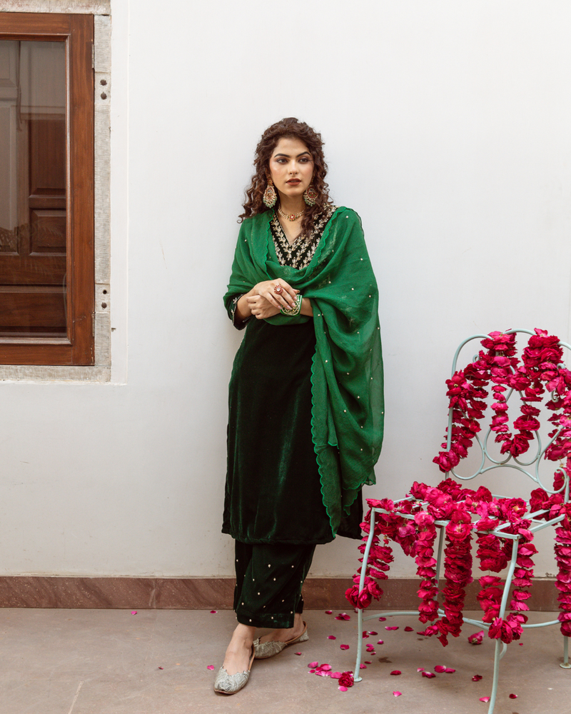 Roya Panna - Velvet Embroidered Suit Set by Maison Shefali in green color for women Worldwide
