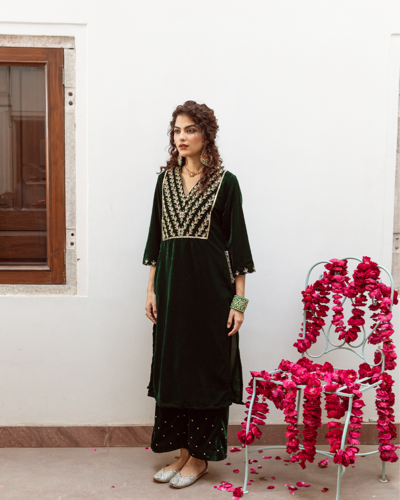 Roya Panna - Velvet Embroidered Suit Set by Maison Shefali in green color for women Worldwide