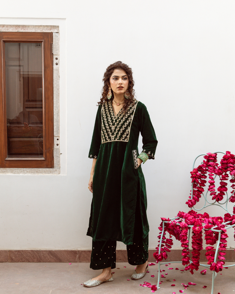 Roya Panna - Velvet Embroidered Suit Set by Maison Shefali in green color for women Worldwide