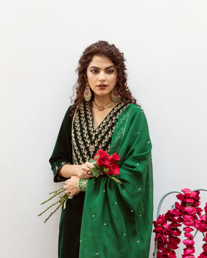 Roya Panna - Velvet Embroidered Suit Set by Maison Shefali in green color for women Worldwide