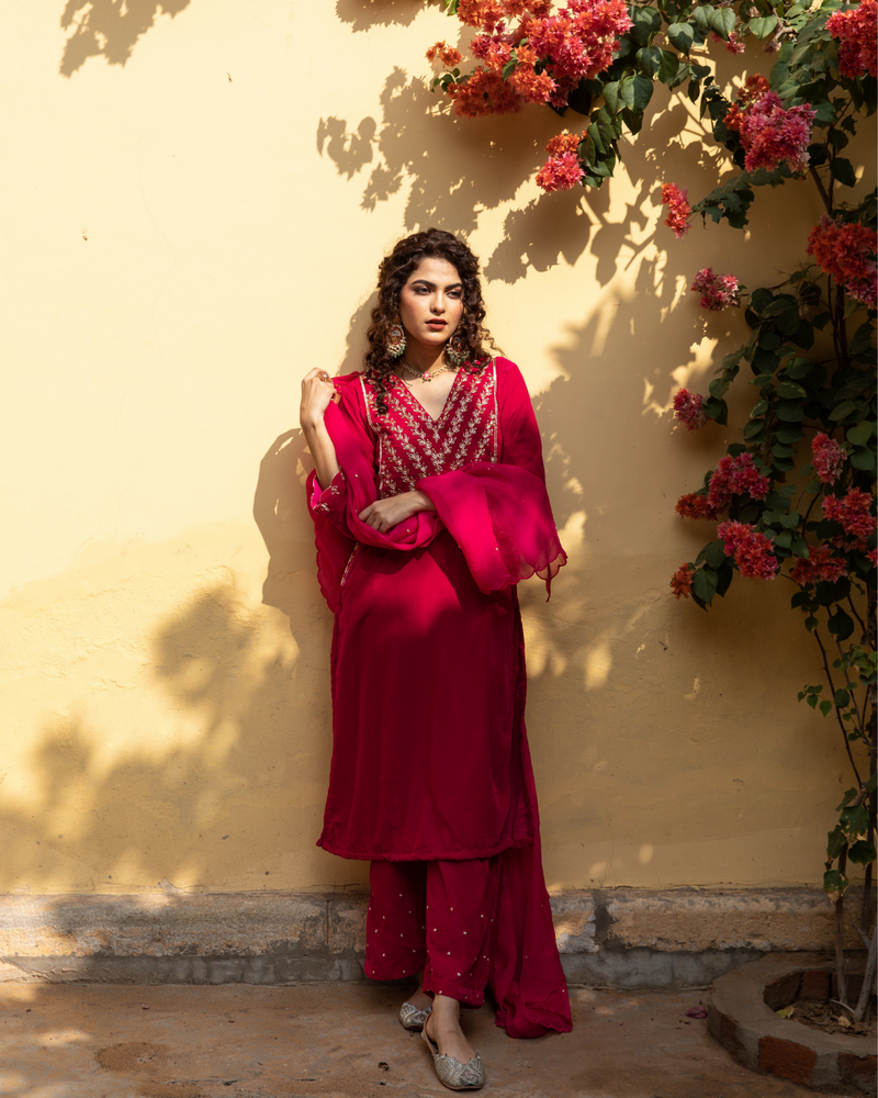 Roya Gulabi - Velvet Embroidered Suit Set by Maison Shefali in red color for women Worldwide
