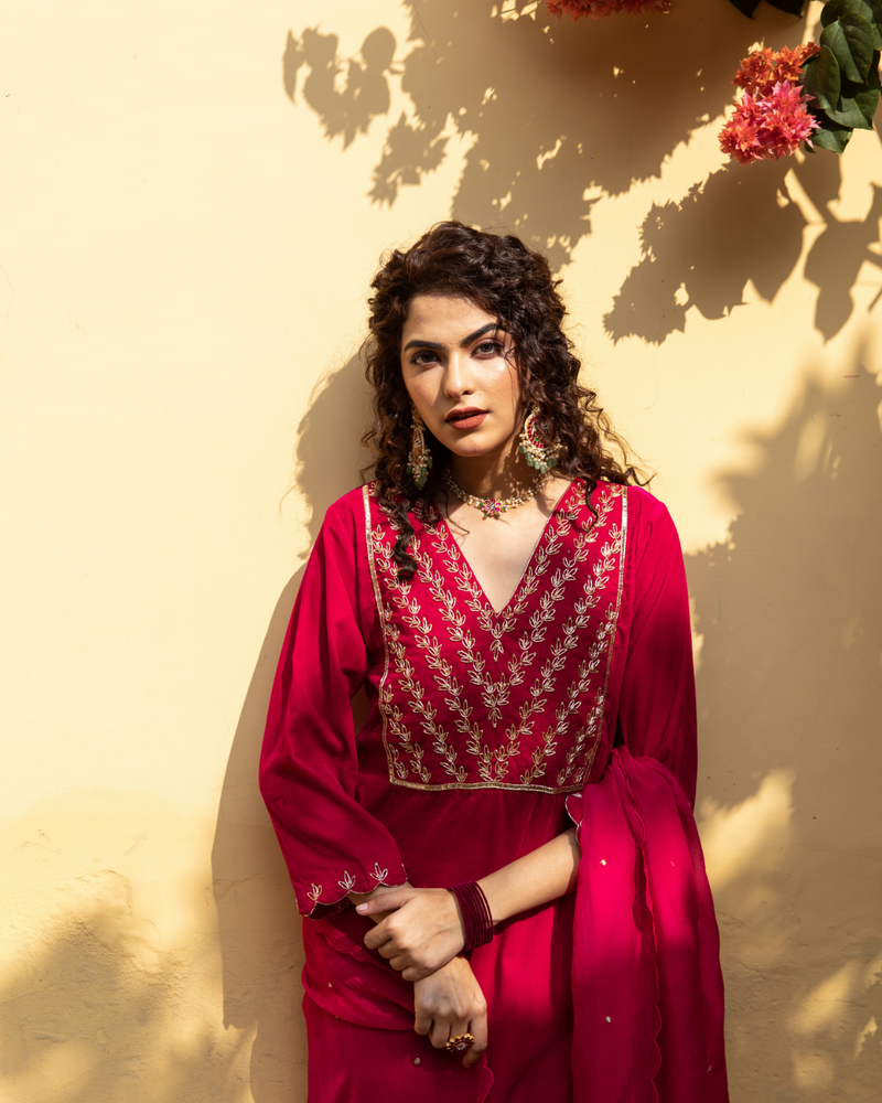 Roya Gulabi - Velvet Embroidered Suit Set by Maison Shefali in red color for women Worldwide