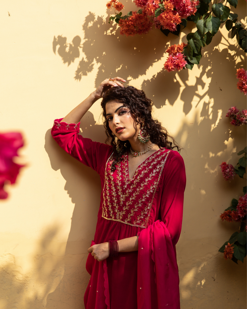 Roya Gulabi - Velvet Embroidered Suit Set by Maison Shefali in red color for women Worldwide