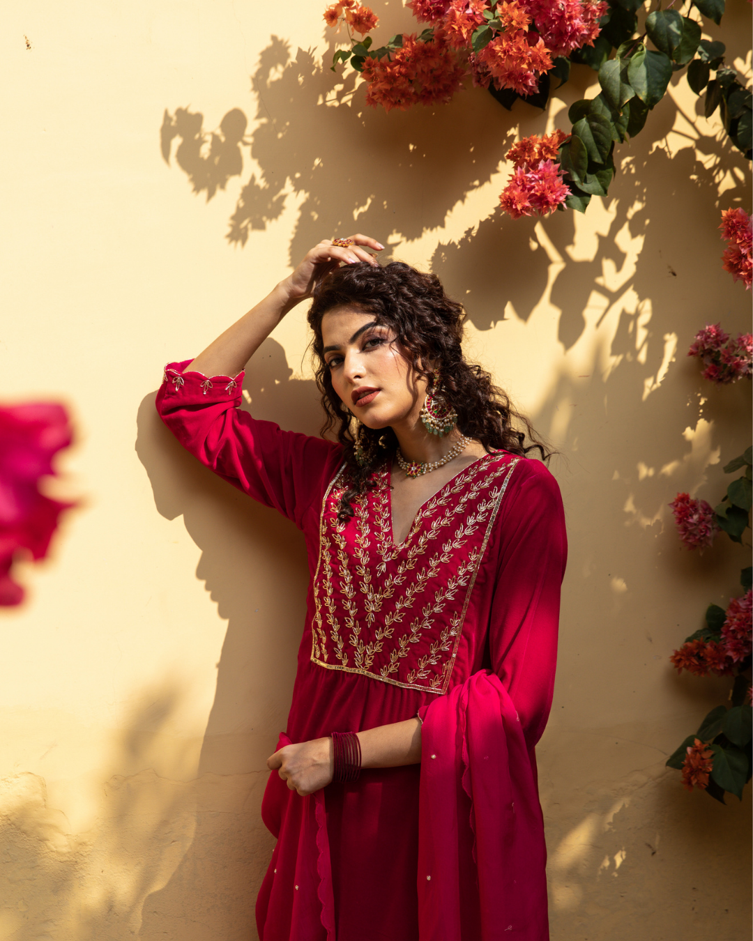 Roya Gulabi - Velvet Embroidered Suit Set