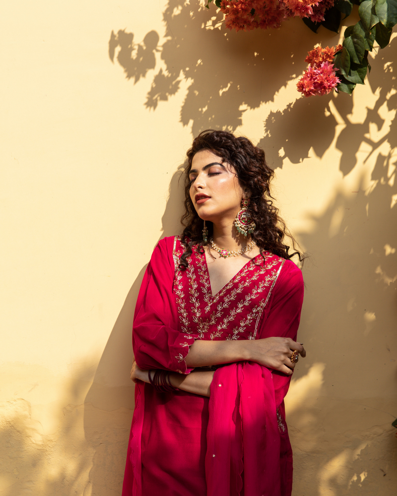 Roya Gulabi - Velvet Embroidered Suit Set by Maison Shefali in red color for women Worldwide