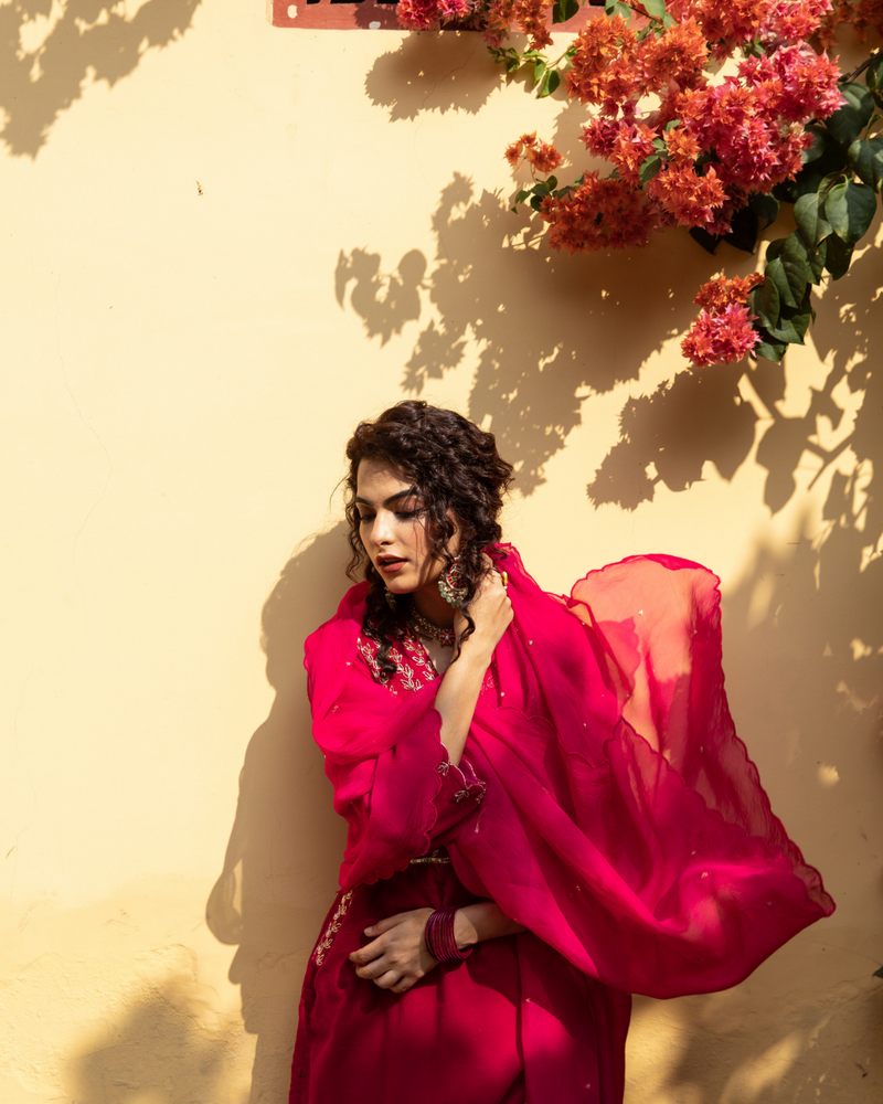 Roya Gulabi - Velvet Embroidered Suit Set by Maison Shefali in red color for women Worldwide