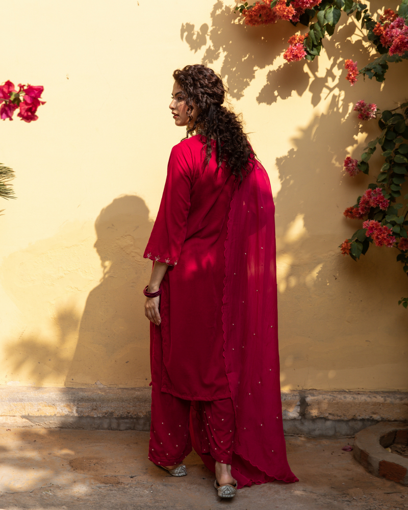 Roya Gulabi - Velvet Embroidered Suit Set by Maison Shefali in red color for women Worldwide