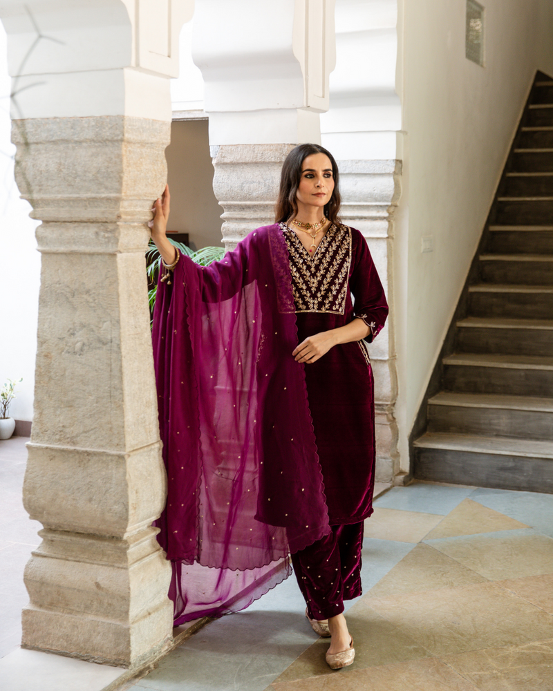 Roya - Velvet Embroidered Suit Set by Maison Shefali in purple color for women Worldwide