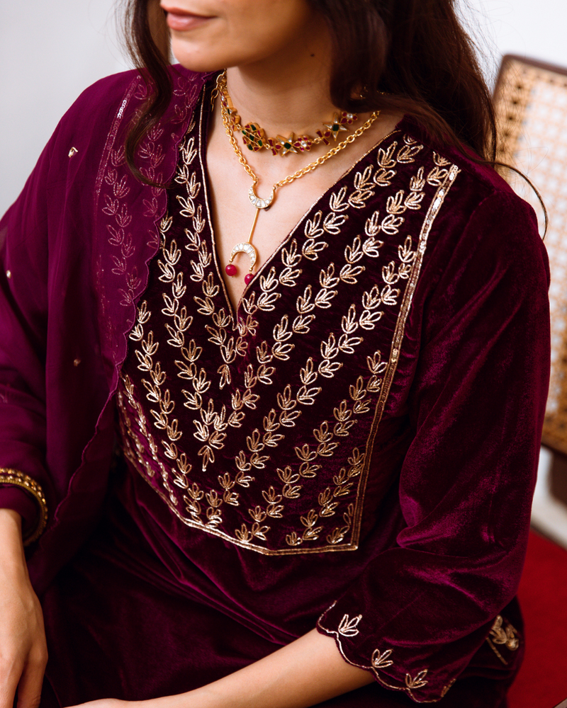 Roya - Velvet Embroidered Suit Set by Maison Shefali in purple color for women Worldwide