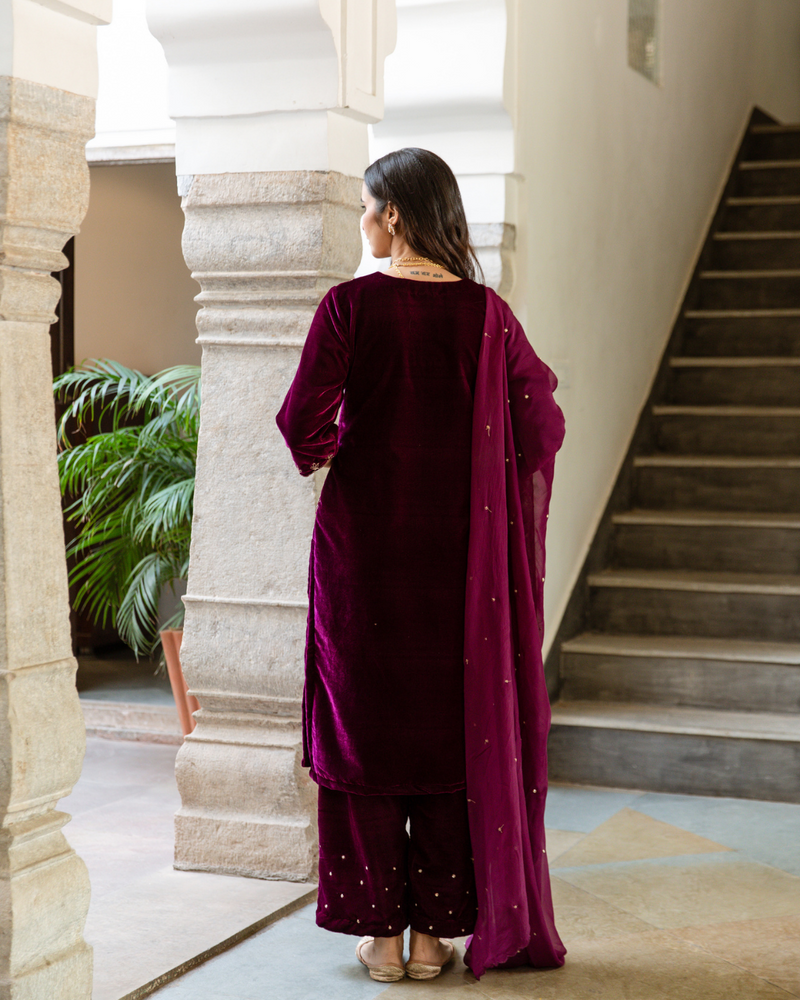 Roya - Velvet Embroidered Suit Set by Maison Shefali in purple color for women Worldwide