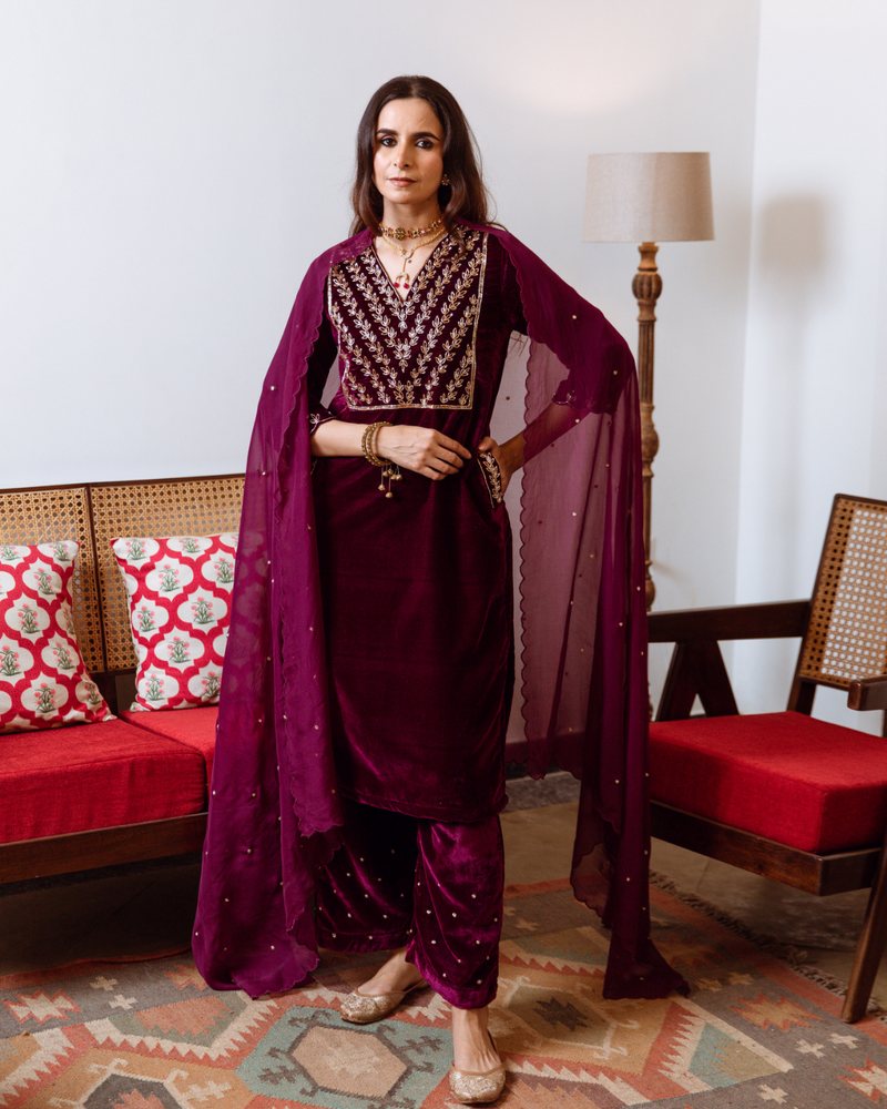 Roya - Velvet Embroidered Suit Set by Maison Shefali in purple color for women Worldwide