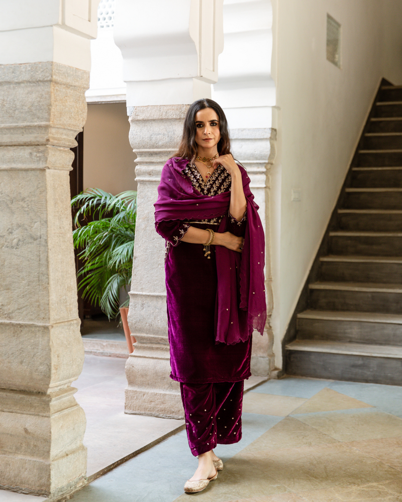 Roya - Velvet Embroidered Suit Set by Maison Shefali in purple color for women Worldwide