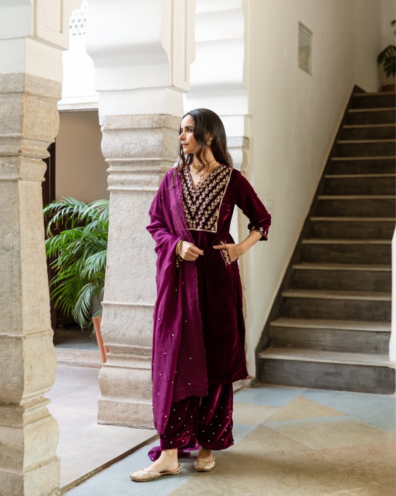 Roya - Velvet Embroidered Suit Set by Maison Shefali in purple color for women Worldwide