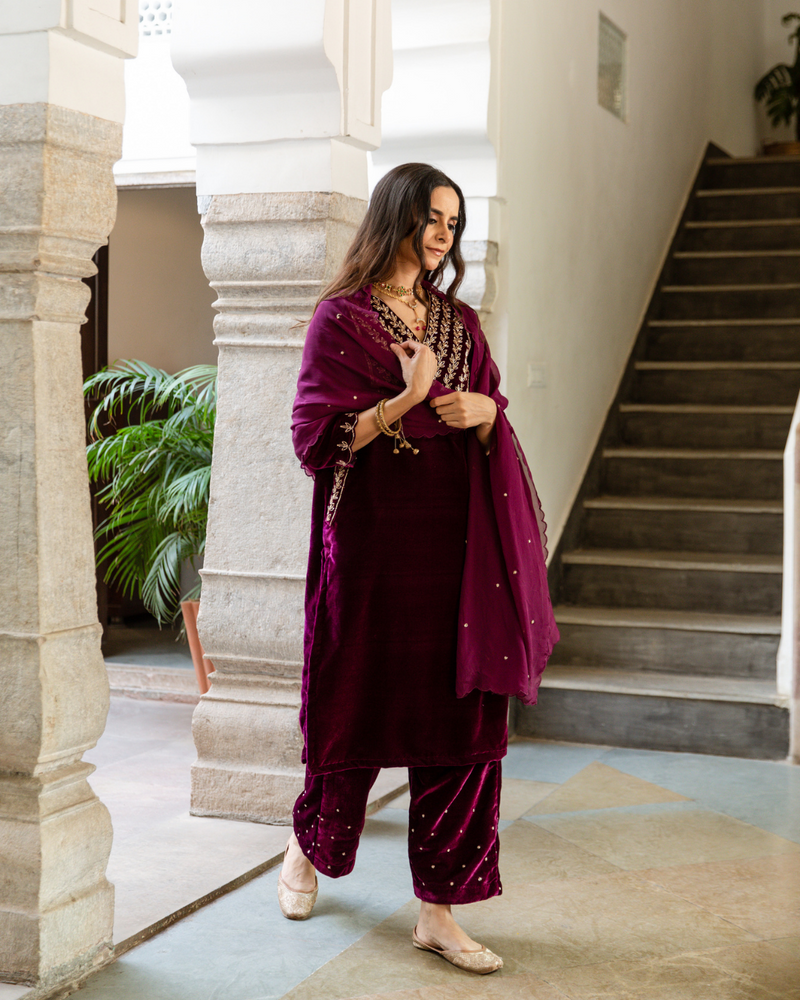 Roya - Velvet Embroidered Suit Set by Maison Shefali in purple color for women Worldwide