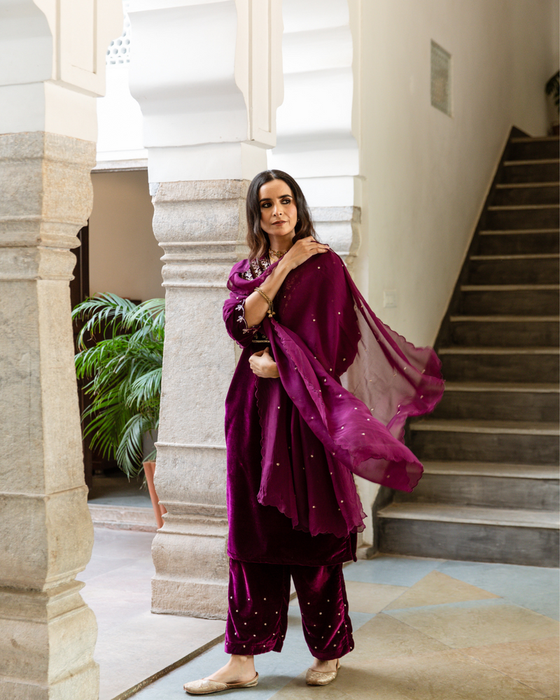 Roya - Velvet Embroidered Suit Set by Maison Shefali in purple color for women Worldwide