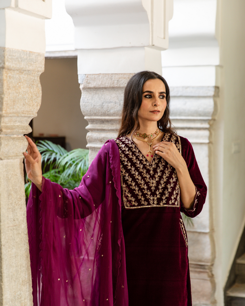 Roya - Velvet Embroidered Suit Set by Maison Shefali in purple color for women Worldwide