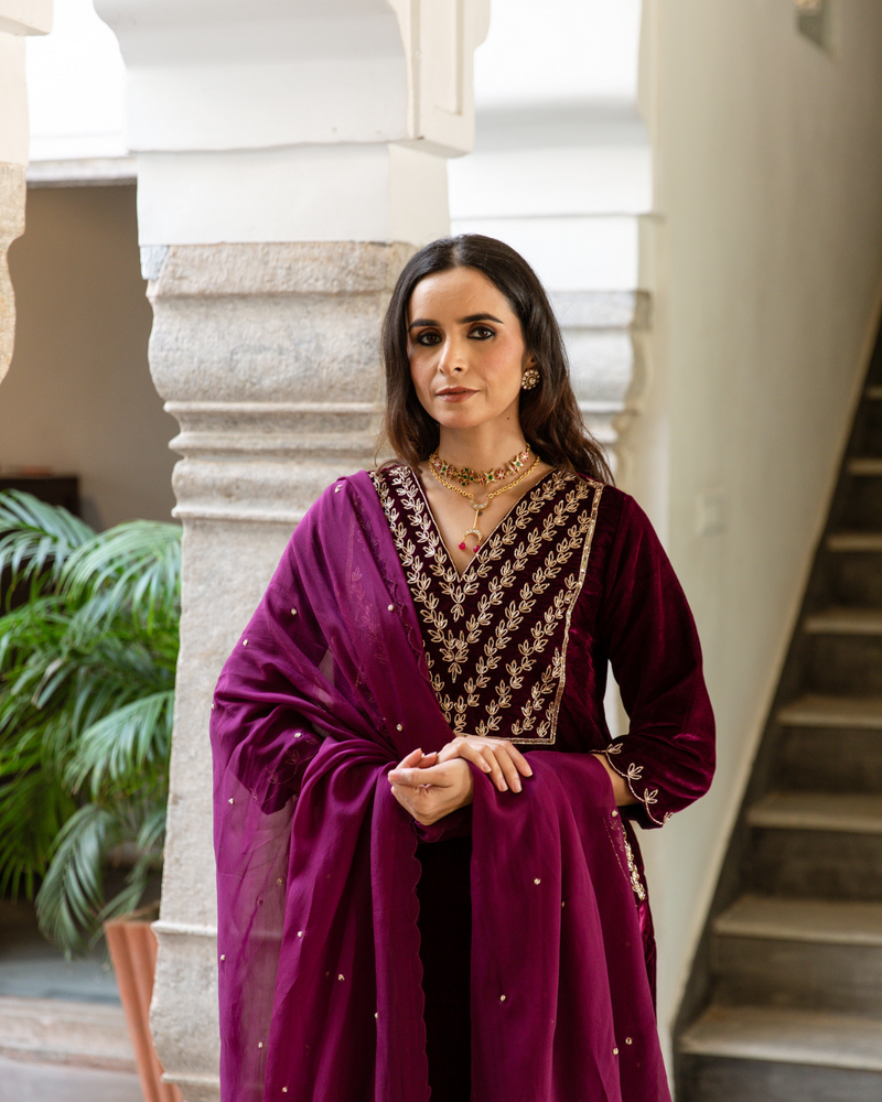 Roya - Velvet Embroidered Suit Set by Maison Shefali in purple color for women Worldwide