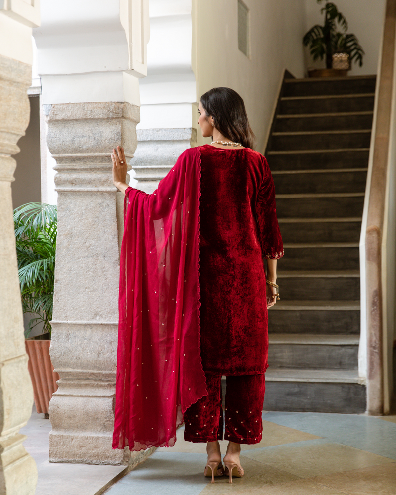 Roya Gulaab - Velvet Embroidered Suit Set by Maison Shefali for women Worldwide