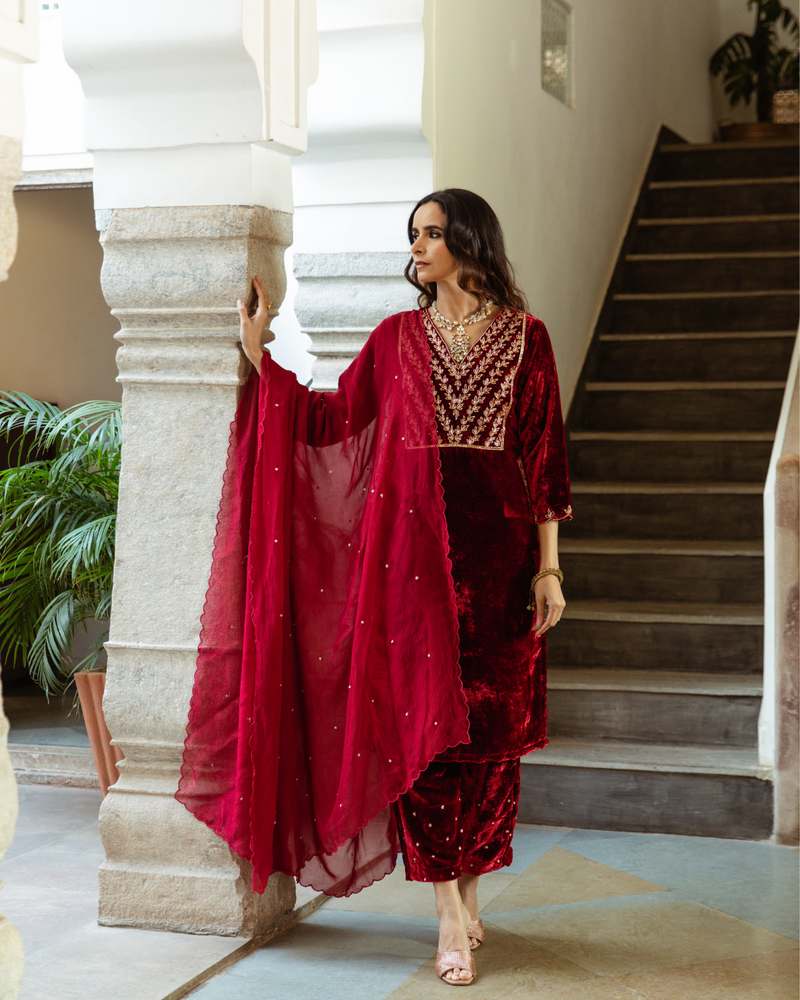 Roya Gulaab - Velvet Embroidered Suit Set by Maison Shefali for women Worldwide