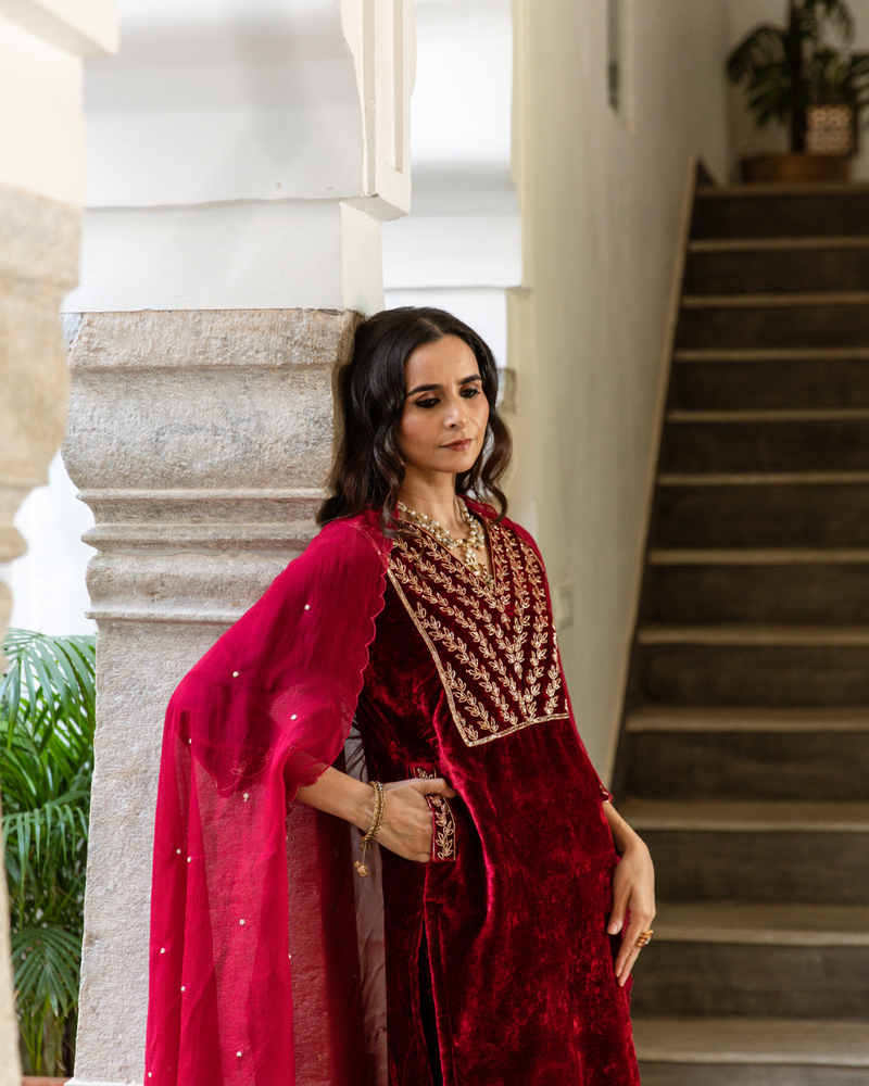 Roya Gulaab - Velvet Embroidered Suit Set by Maison Shefali for women Worldwide
