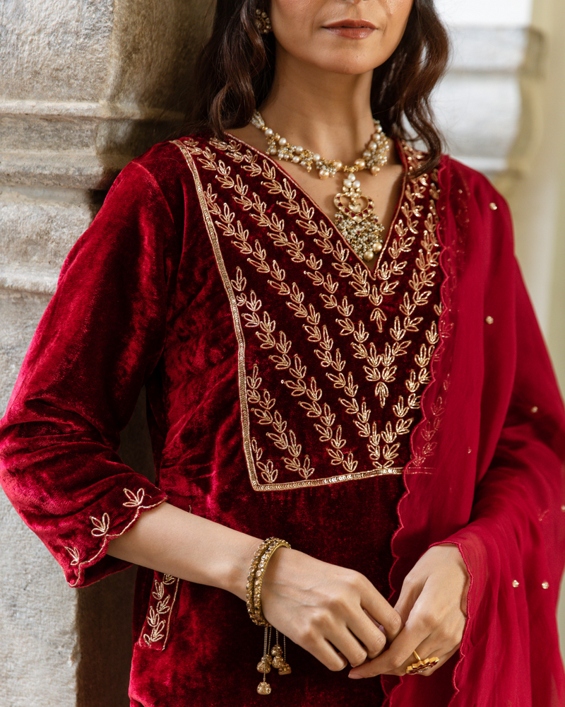 Roya Gulaab - Velvet Embroidered Suit Set by Maison Shefali for women Worldwide
