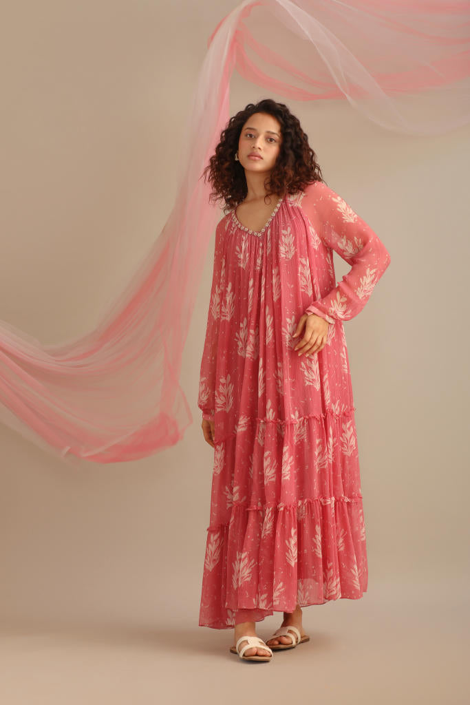 LEAF PRINT CHIFFON TIER DRESS chiffon by Myoho for women Worldwide