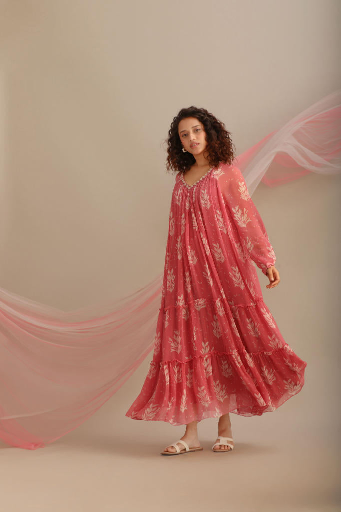 LEAF PRINT CHIFFON TIER DRESS chiffon by Myoho for women Worldwide