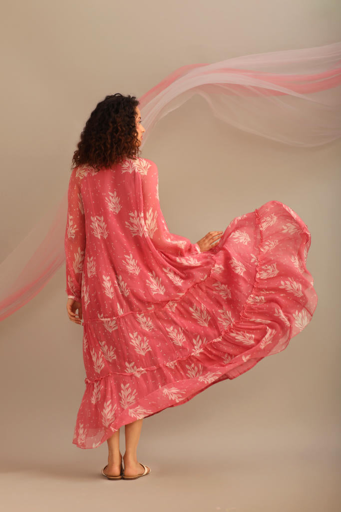 LEAF PRINT CHIFFON TIER DRESS chiffon by Myoho for women Worldwide