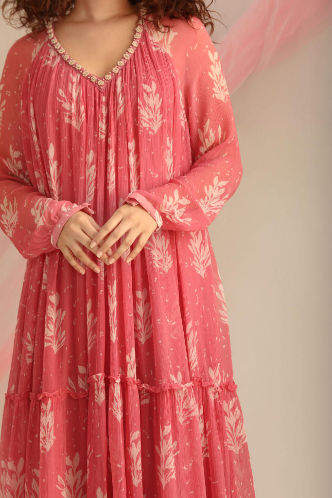 LEAF PRINT CHIFFON TIER DRESS chiffon by Myoho for women Worldwide
