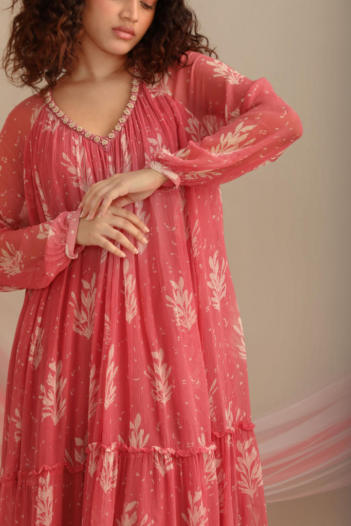 LEAF PRINT CHIFFON TIER DRESS chiffon by Myoho for women Worldwide