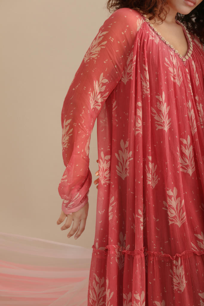 LEAF PRINT CHIFFON TIER DRESS chiffon by Myoho for women Worldwide