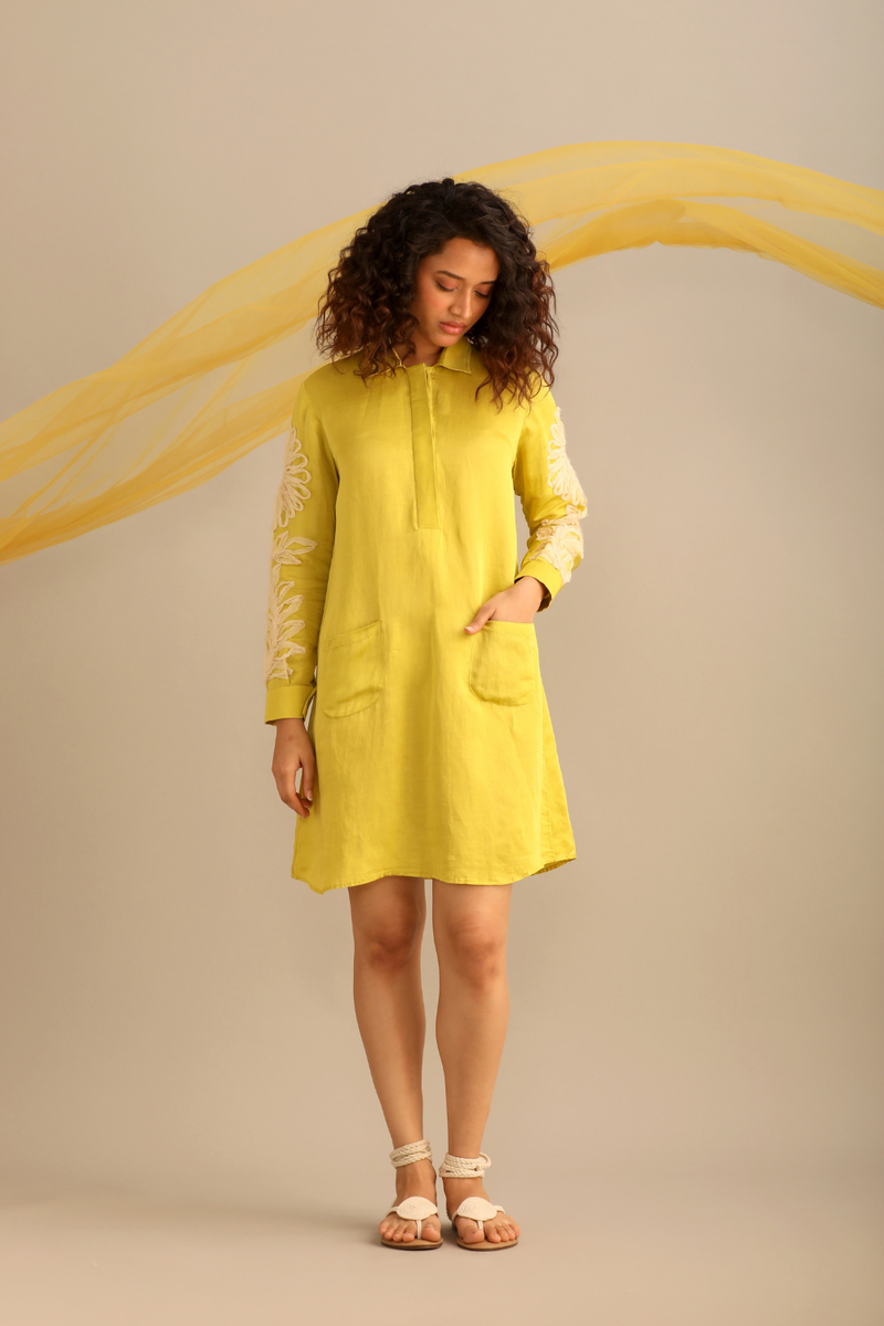A LIME LINEN SATIN FULL SLEEVES KNEE LENGTH DRESS satin by Myoho for women Worldwide
