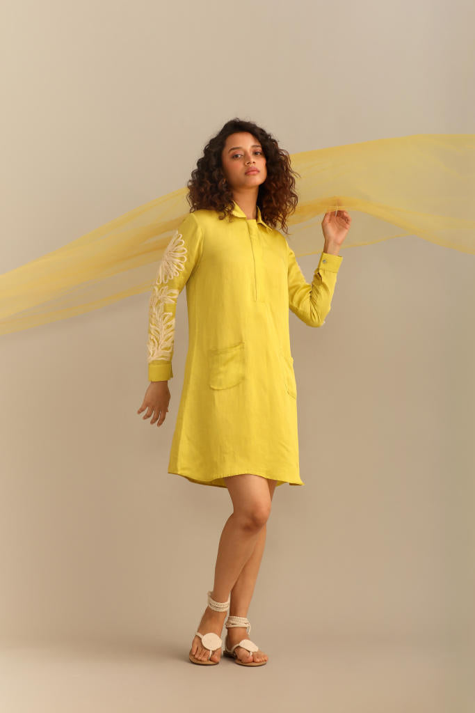 A LIME LINEN SATIN FULL SLEEVES KNEE LENGTH DRESS satin by Myoho for women Worldwide