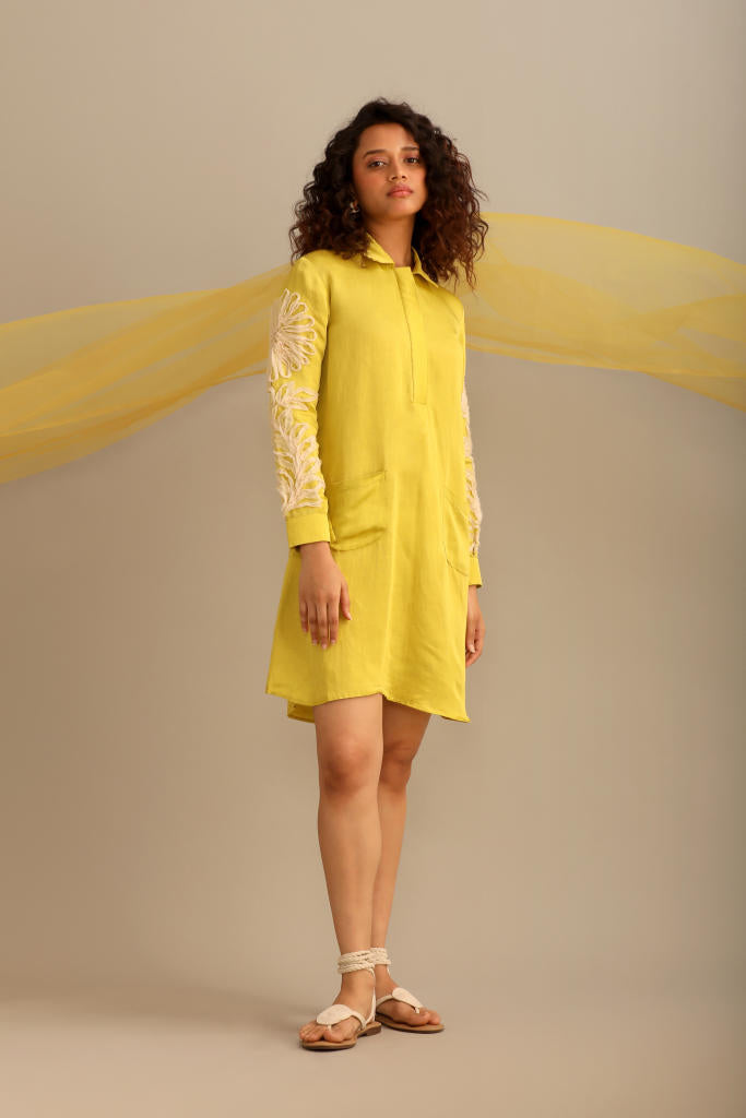A LIME LINEN SATIN FULL SLEEVES KNEE LENGTH DRESS satin by Myoho for women Worldwide