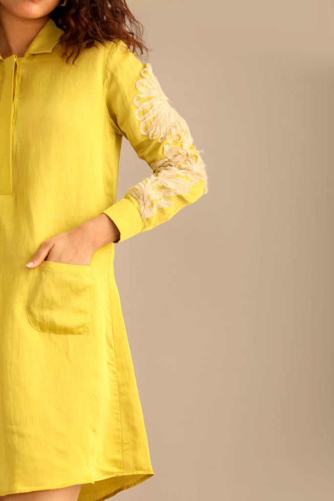 A LIME LINEN SATIN FULL SLEEVES KNEE LENGTH DRESS satin by Myoho for women Worldwide