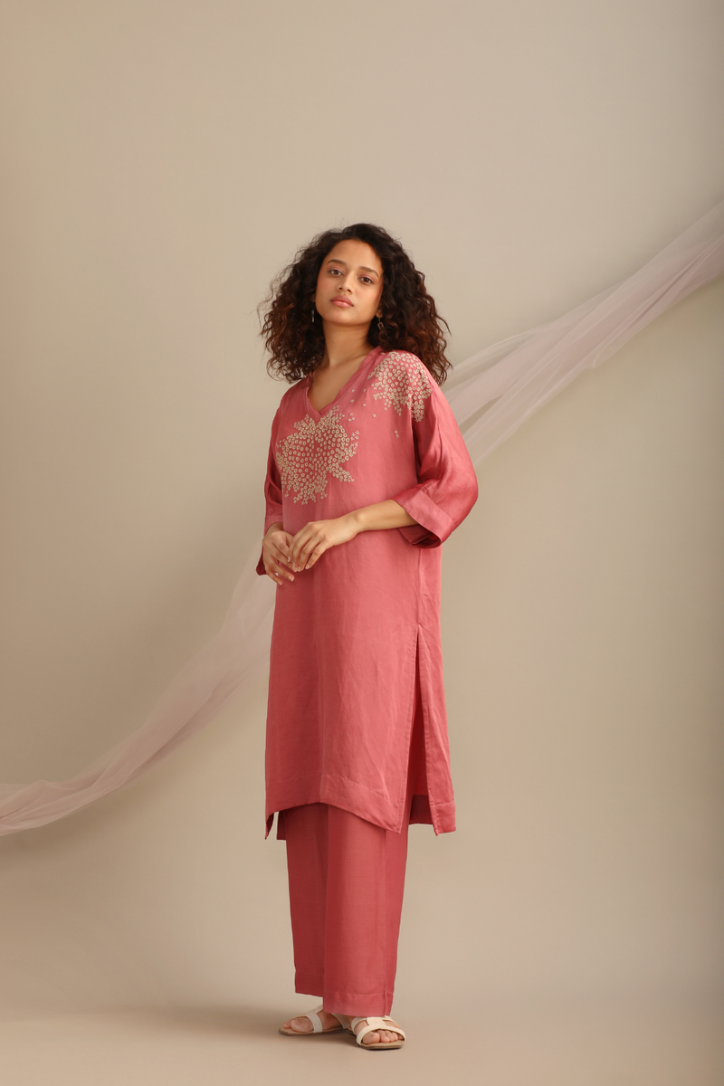 V NECK KAFTAN CO-ORD SET satin by Myoho for women Worldwide