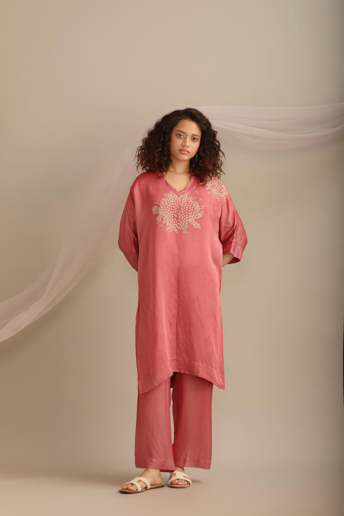 V NECK KAFTAN CO-ORD SET satin by Myoho for women Worldwide