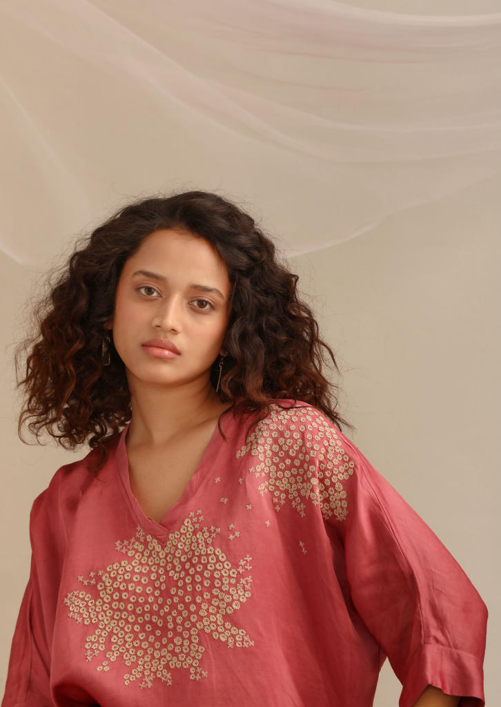 V NECK KAFTAN CO-ORD SET satin by Myoho for women Worldwide