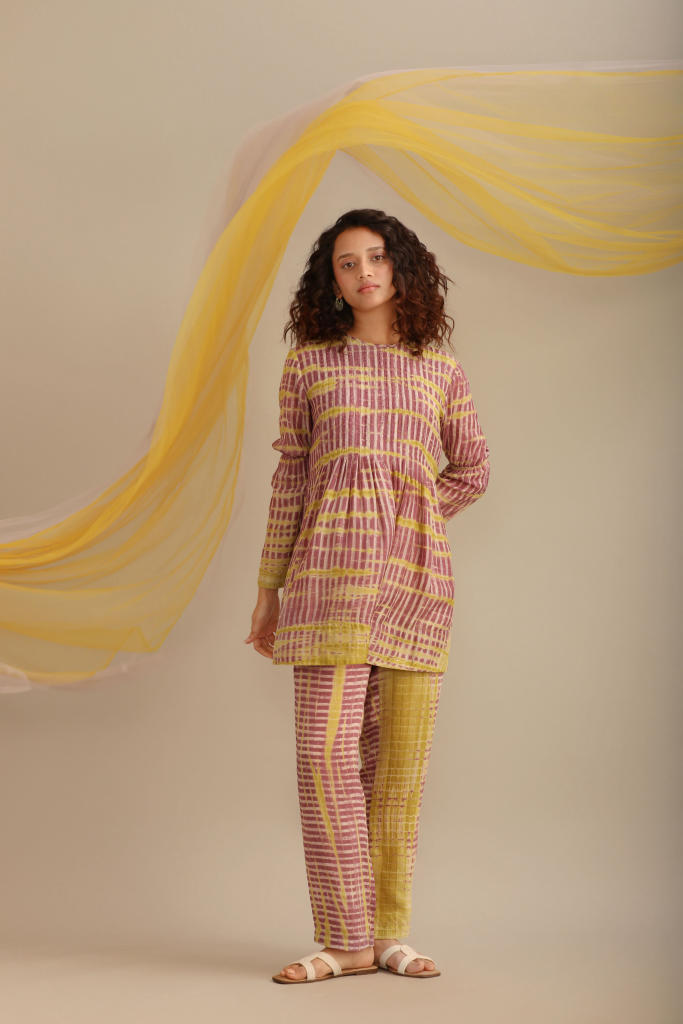PRINTED PINTUCK TOP WITH PANT silk by Myoho in multi color for women Worldwide